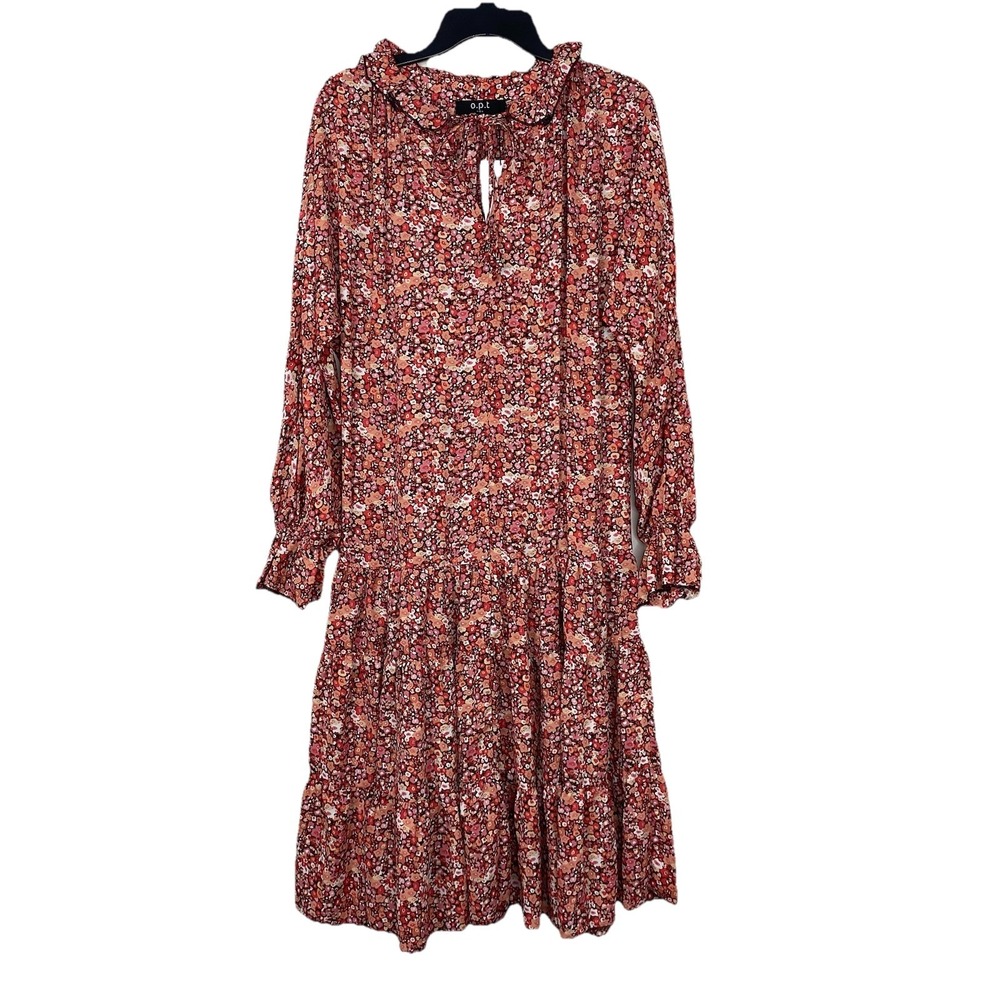 O.P.T Midi Dress‎ Floral Tiered Red Pink Floral Chiffon Women's Small Oversized